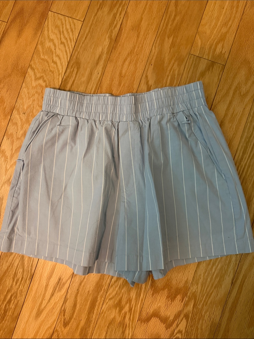 Good American Light Blue Pinstripe Elastic-Waist Shorts